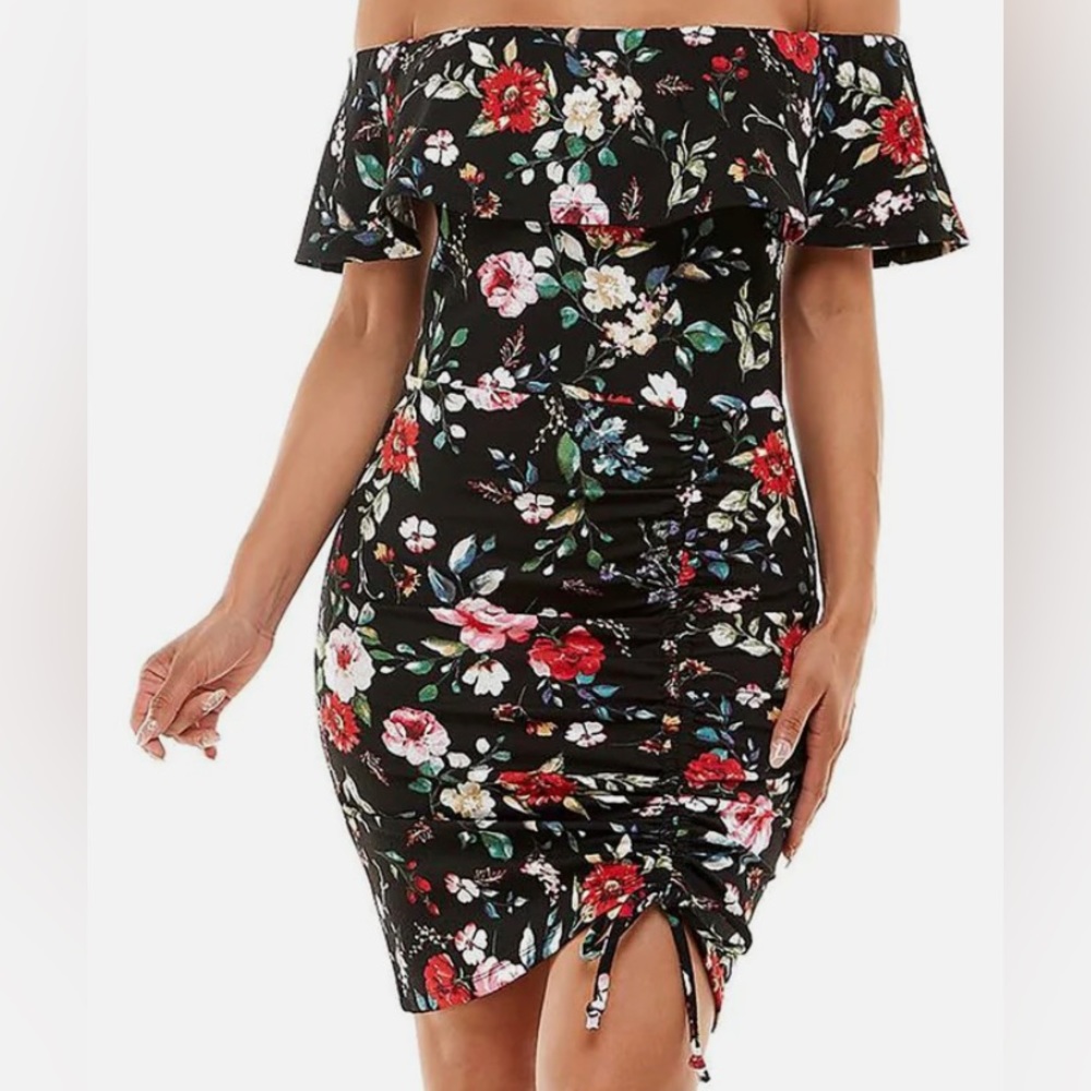 Almost Famous - Womens Floral Print | Ruched Tie | Off the Shoulder Dress Size:M